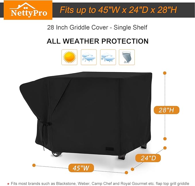 NettyPro Griddle Cover for Blackstone 28" Griddle with Single Shelf, Waterproof Heavy Duty 2 Burner Flat Top Gas Grill Cover 28" Cooking Station Camping, Black