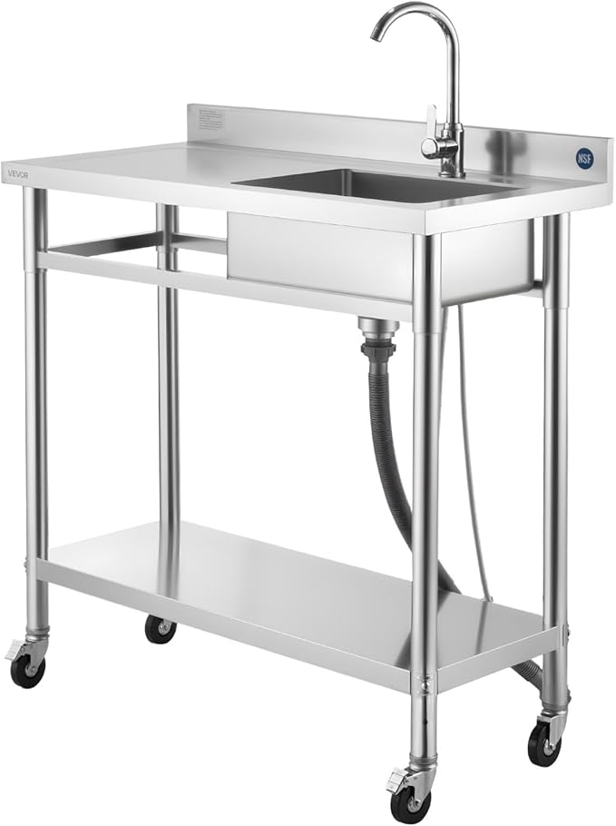 VEVOR Stainless Steel Utility Sink, Rolling Single Bowl Commercial Kitchen Sink with Wheels,Faucet and Hot & Cold Water Pipe,Utility Basin Workbench for Garage Restaurant Laundry 39.4 x 19.7 x 41.5 in