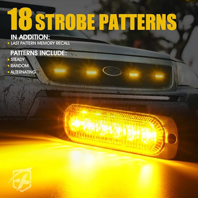 Xprite 4PCS LED Emergency Strobe Lights, Amber 6-LED Surface Mount Flashing Strobe Lights, Sync Feature Ultra Slim Grill Light for Off-Road Vehicles ATV SUV Trucks Cars