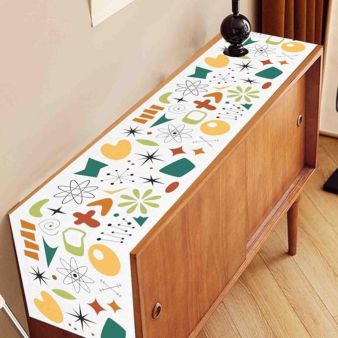 Mid Century Table Runner, Retro 1950s Atomic Pattern Modern Abstract Geometric Coffee Table Center Decor for Home Kitchen Dining Patio Holiday Party Indoor Outdoor Table Decorations, 13"x36" Inch