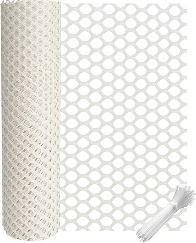 vensovo Plastic Wire Mesh 16IN x 10FT Roll -White Chicken Wire Fencing for Poultry, Gardening Barrier, Balcony Guard for Cats and Dogs, Floral Craft Mesh with 20 Zip Ties