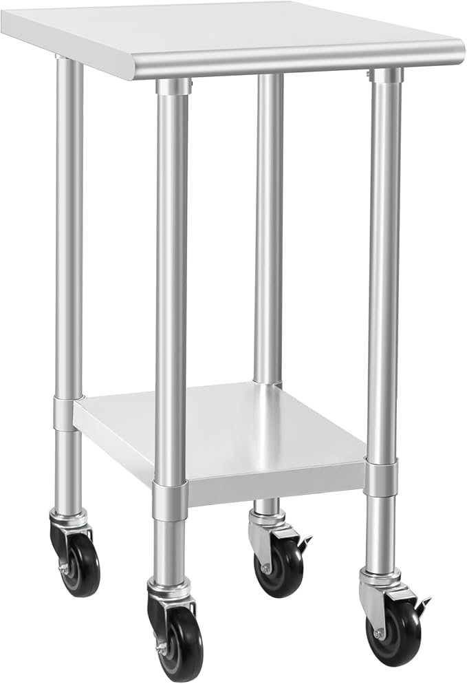 HARDURA Stainless Steel Commercial Table Prep & Work Table with Casters Heavy Duty Metal Table with Wheels NSF 430 24×24 Inches