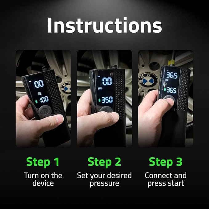 Airmoto Tire Inflator Portable Air Compressor - Air Pump For Car Tires with Digital Pressure Gauge, LED Light and Auto Shut-Off Function - Cordless Pump for Car, Motorcycle, Bicycle, Ball