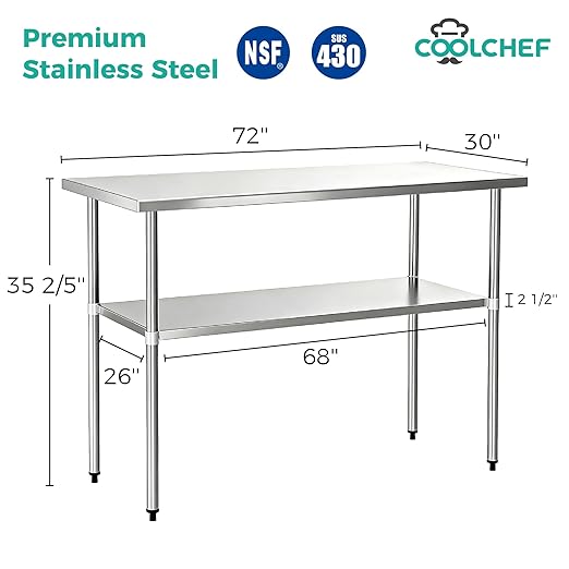 Stainless Steel Work Table 30 x 72 Inch, NSF Commercial Prep Table with Undershelf, Heavy Duty Food Prep Workstation