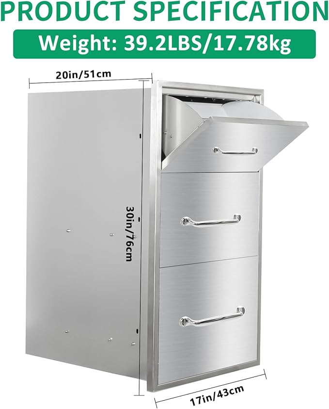 Outdoor Kitchen Drawers 17" W x 30" H x 20" D Stainless Steel Paper Towel Drawers with Ergonomic Handle for BBQ Island, Patio Grill Station & Outdoor Kitchen Cabinets