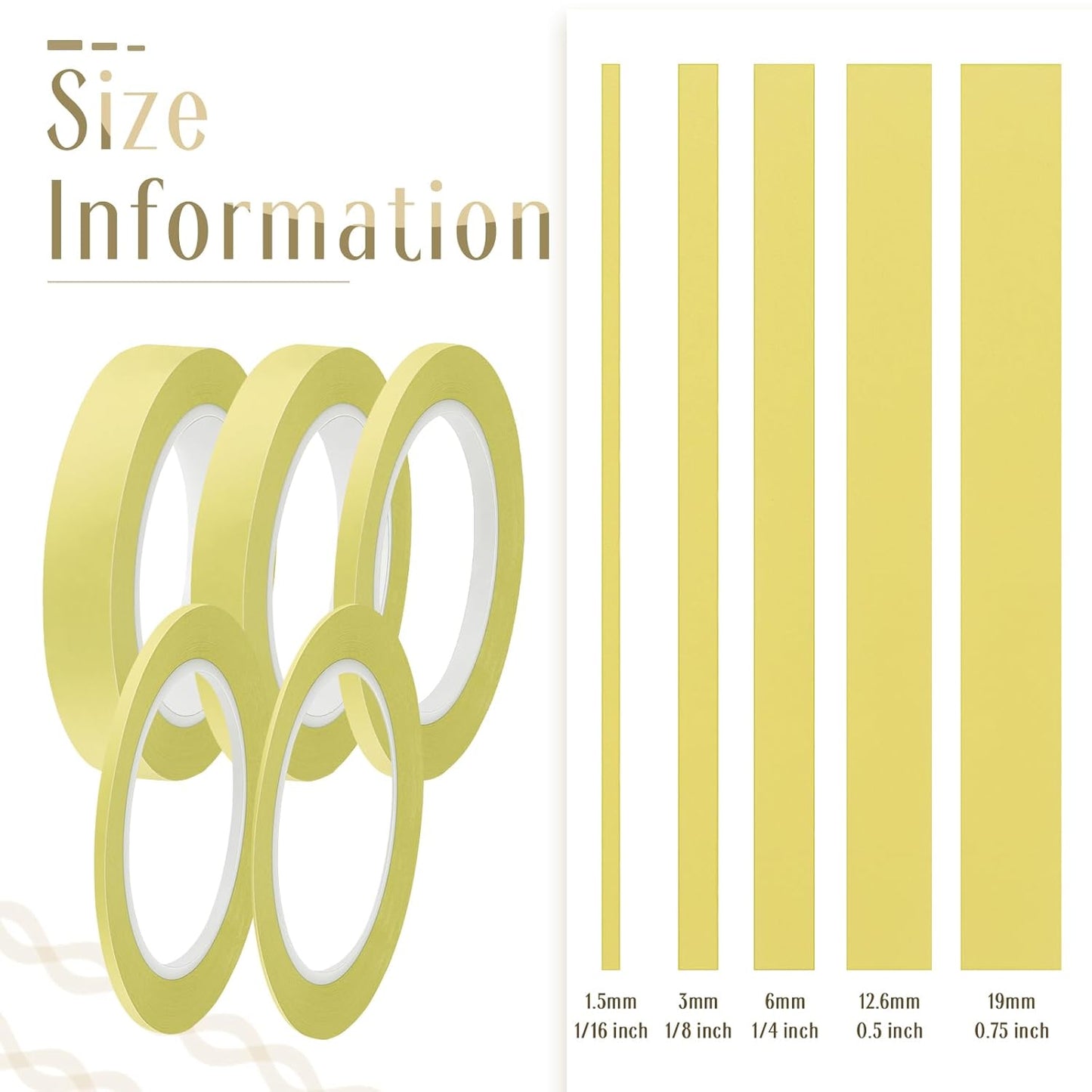 Xuniea 5 Rolls of Vinyl Tape Masking Tape Automotive Car Auto Paint for Curves, High Temperature Vinyl Low Tack (1/16 Inch, 1/8 Inch, 1/4 Inch, 1/2 Inch, 3/4 Inch,Yellow)