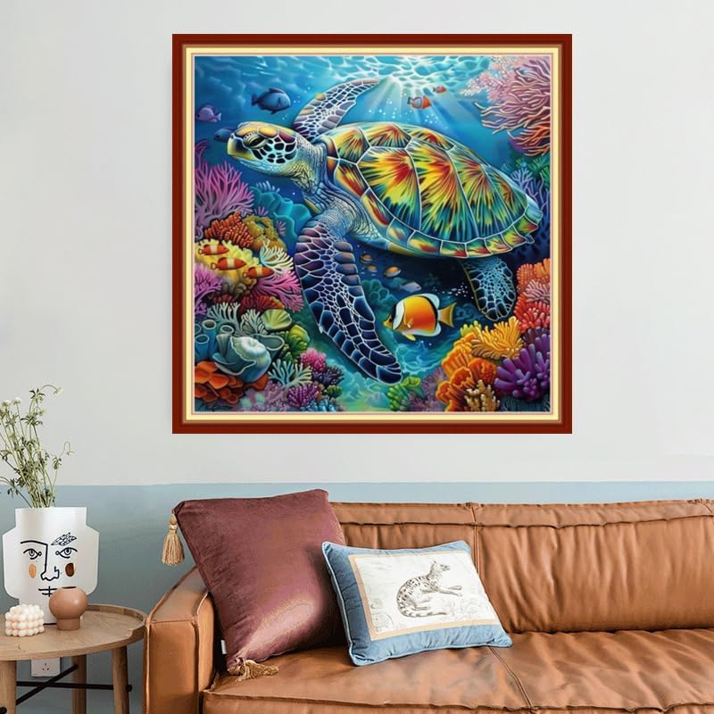 Joyhoor Stamped Cross Stitch Kits for Beginners, Needlepoint Kits for Adults, 11CT Counted Embroidery Kits-Turtle Coral 18x18 inchs