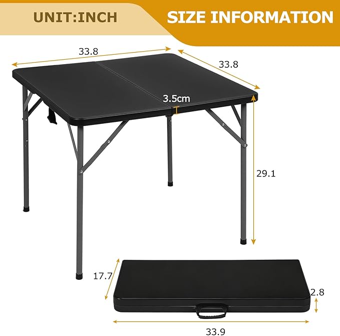 FDW 34" Folding Card Table Plastic Table Portable Square Height Dining Table Perfect for Party and Parties Backyard Events, Black