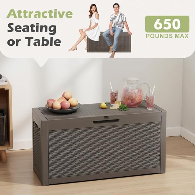 60 Gallon Outdoor Storage Deck Box Waterproof,Large Resin Storage Container for Outside,Patio Accessories for Outsid,Backyard Delivery Boxes,Lockable Lid,Rattan Gray