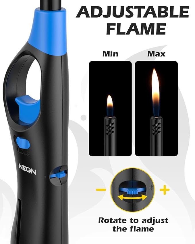 NEON Lighter, Refillable Butane Candle Lighter, 12 Pack Multi-Purpose Reusable Lighters with Long Metal Wand and Adjustable Soft Flame for BBQ, Grill, Stove, Camping, Hiking, Fireplaces, Kitchen