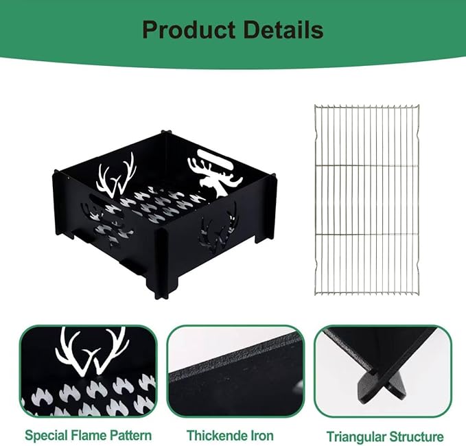 16.5 inch Portable Fire Pit with BBQ Grill for Collapsible Plug Fire Pit Suitable for Camping, Picnics, Courtyards, Garden Bonfires and Outdoor Firewood with Storage Bag (Square S-16.5in)