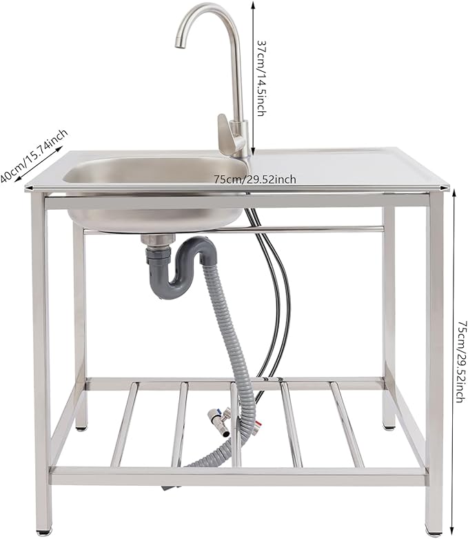 Outdoor Utility Sink, Freestanding Kitchen Sink with Faucet, Utility Sink Freestanding Single Bowl Portable Washing Hand Basin Station with 2 Tier Storage Shelves for Backyard (29.52x 15.74x 29.52in)