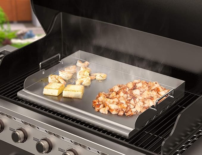 Skyflame Universal Stainless Steel Griddle Flat Top Plate with Even Heating Bracing for BBQ Charcoal/Gas Grills, Camping, Tailgating, and Parties 17" x 13"