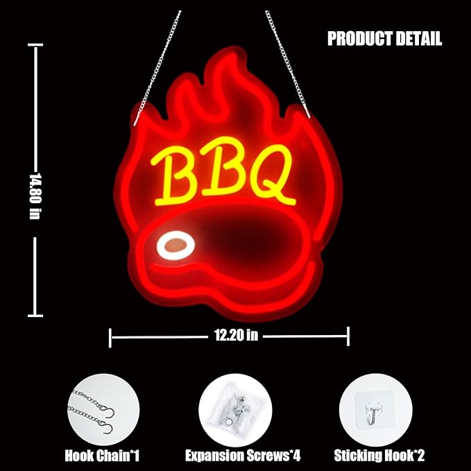 BBQ Neon Signs for Backdrop wall decor，Dimmable USB Powered,Barbecue Neon Light Up Home Party restaurant Grill Beer Bar Decoration Lights, Bright LED bbq sign (14.8"*12.2"in)
