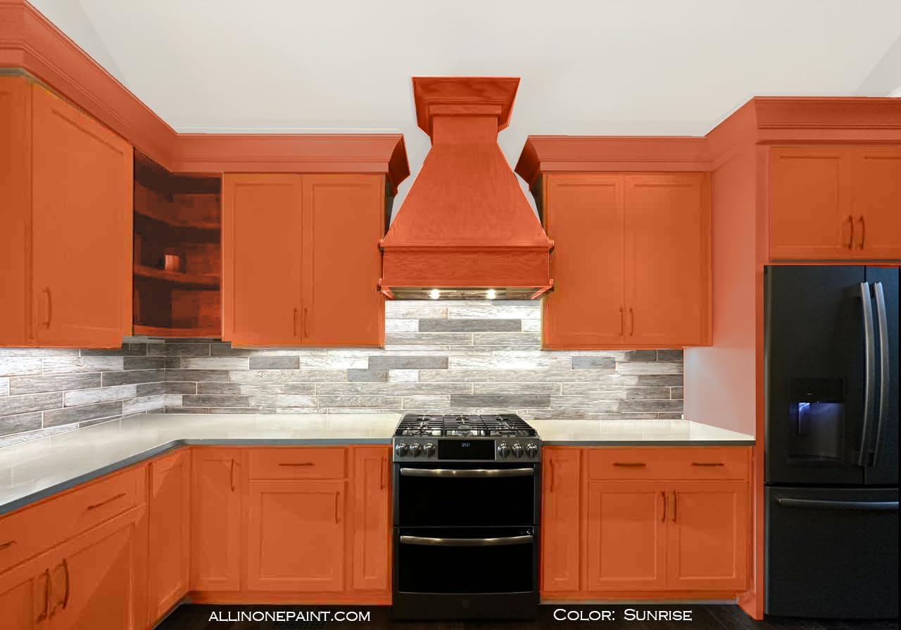 ALL-IN-ONE Paint, Durable cabinet and furniture paint. Built in primer and top coat, no sanding needed. Includes our 30 featured color card - Sunrise (orange-coral), Quart