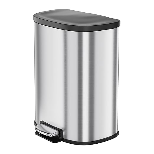 Garvee Stainless Steel Trash Can, 50 L/13 gal Hands Free Garbage Can with Soft Close Lid and Foot Pedal, Metal Kitchen Waste Bin with Inner Bucket for Living Room, Office, D Shape, Silver