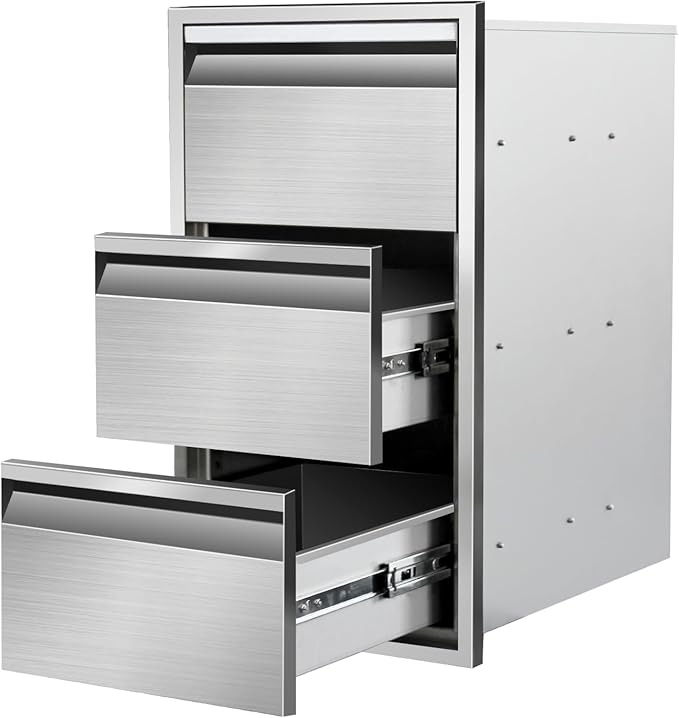 Outdoor Kitchen Drawers 14" W x 25.4" H x 21" D Stainless Steel Triple Drawers with Hidden Handle for BBQ Island, Patio Grill Station & Outdoor Kitchen Cabinets