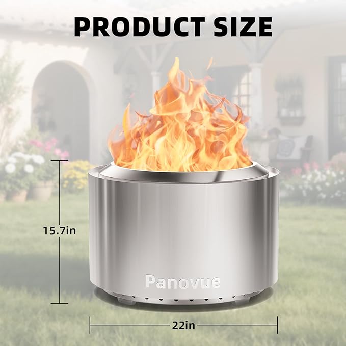 22 Inch Smokeless Fire Pit, Stainless Steel Wood Burning Outdoor Firepit for Outside Patio, Backyard, Camping and Outdoor Gatherings,Outdoor Fire Place with Removable Ash Pan