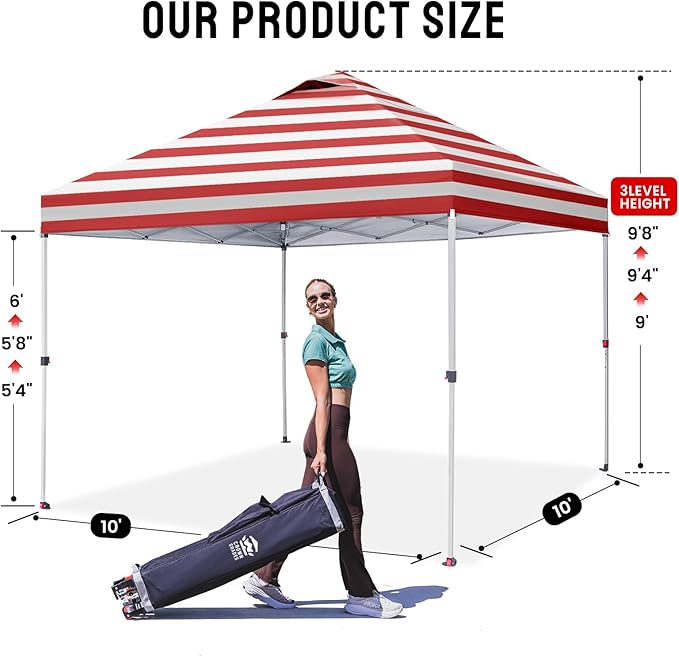 CROWN SHADES 10x10 Pop Up Canopy - Beach Tent with One Push Setup - Easy Outdoor Sun Shade for Events, Parties, Camping - Gazebo with STO-N-Go Cover Bag, Silver Coated Top, Red Strips