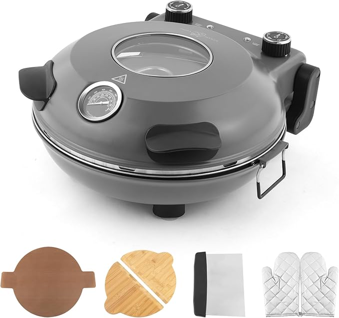 KLAIF 12" Electric Countertop Pizza Oven Indoor With Ceramic Stone, Dual Adjustable Temperature Controls, Includes 4 Pizza Tools, LMR-Gray