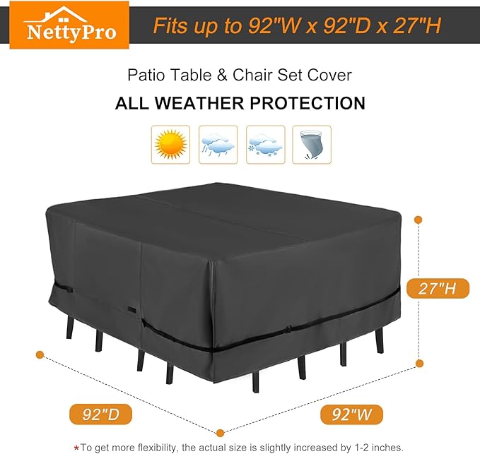 NettyPro Patio Table Cover Square 92 x 92 Inch, Waterproof Outdoor Furniture Dining Set Covers for Table and Chair, Black