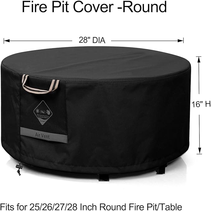 QH.HOME Fire Pit Cover Round Super Waterproof, 28" D X 16" H Outdoor Round Firepit Cover 600D Strong Tear Resistant, UPF 50+ Fire Pit Covers Premium Fading Resistant for Outdoor Fire Pit - Black
