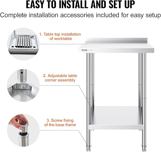 VEVOR 24 x 24 x 36 Inch Stainless Steel Work Table, Commercial Food Prep Worktable Heavy Duty Prep Worktable, Metal Work Table with Adjustable Height for Restaurant, Home and Hotel