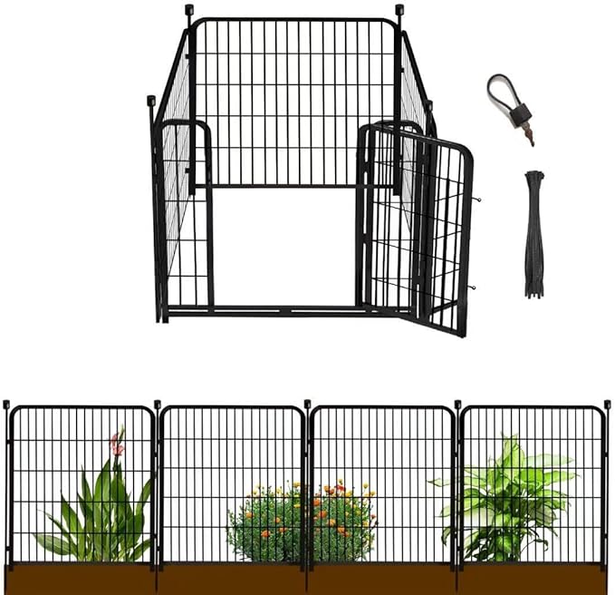 Garden Fence with Gate 48 in(H)×27 in(L) 4 Panels, Heavy Duty Iron Animal Barrier Fence, Rabbit Fence for Garden, Suitable for Indoor Pet Or Outdoor Dog Fencing, Total 8.9 Ft(L), Black