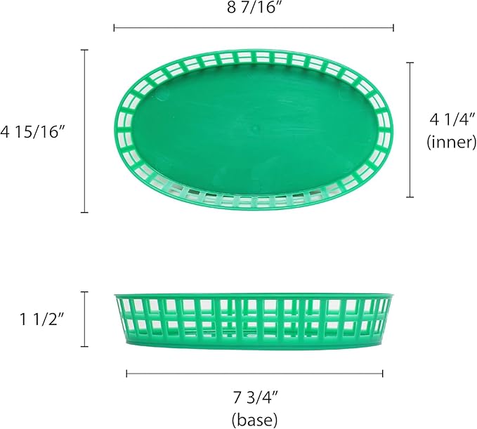 TrueCraftware- 7-7/8" Plastic Oval Fast Food Basket Green Set of 12- Fry Fast Food Baskets Oval -Shaped Tray for Fast Food Restaurant Supplies Deli Serving Chicken Burgers Sandwiches & Fries