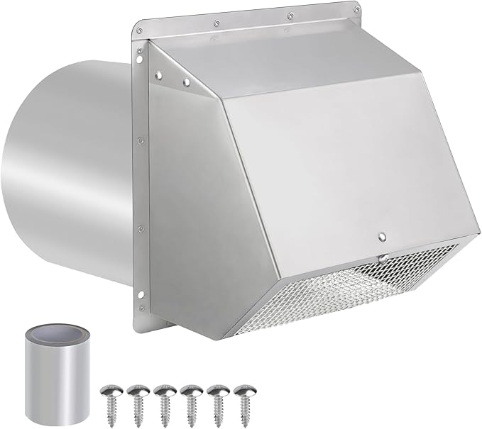 10 Inch Hooded Wall Vent with Screen and Damper, Exterior Wall Exhaust Vent Cover Cap for Kitchen Range Hood Dryer Ventilation and Outdoor Air Exhaust, Stainless Steel