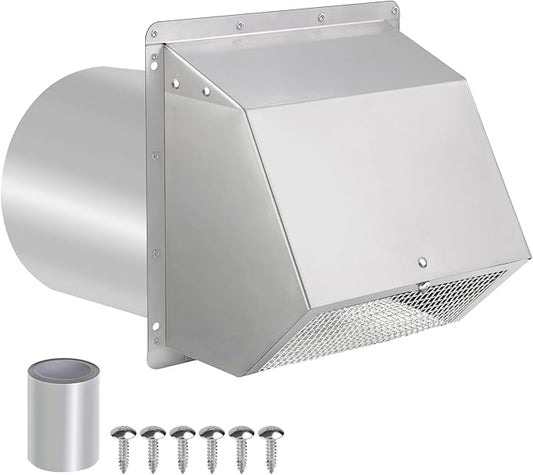 10 Inch Hooded Wall Vent with Screen and Damper, Exterior Wall Exhaust Vent Cover Cap for Kitchen Range Hood Dryer Ventilation and Outdoor Air Exhaust, Stainless Steel