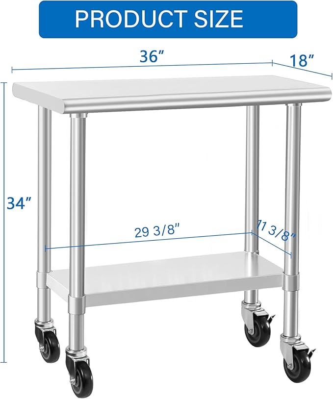 HARDURA Stainless Steel Commercial Table Prep & Work Table with Casters Heavy Duty Metal Table with Wheels NSF 430 18×36 Inches