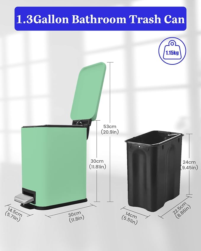 Bathroom Trash Can, 1.3 Gallon Small Trash Can with lid, Stainless Steel Garbage Can Soft Close Lid, Removable Liner Bucket, Step Pedal Waste Bin for Bathroom, Office, RV, Bedroom, Green