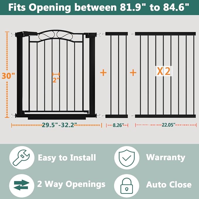 Fairy Baby 81.9"-84.6" Extra Wide Baby Gate for Stairs, Pressure Mounted Auto Close Child Safety Gate with Door No Drill, Large Long Pet Dog Gate for The House Doorways, 82 83 84 Inches Wide, Black