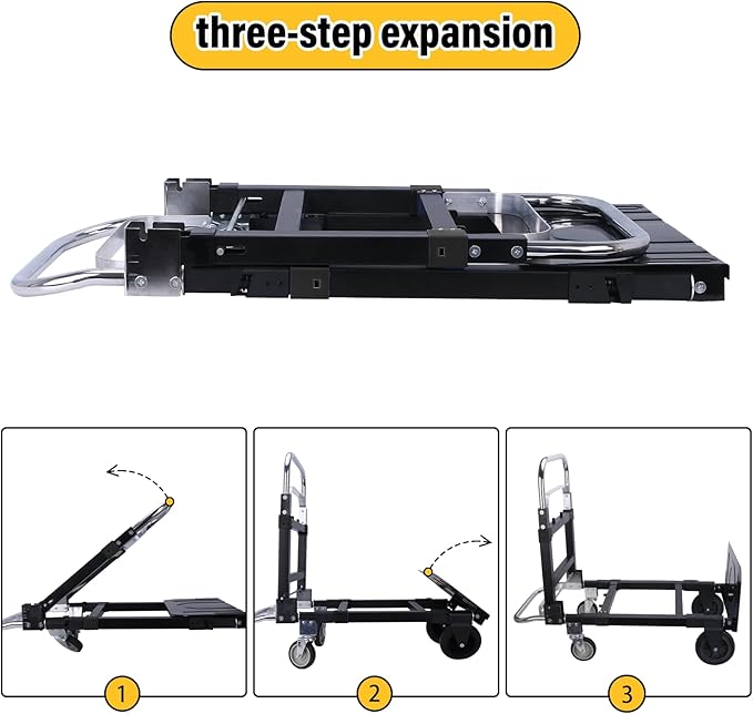 Upgraded 3 in 1 Folding Hand Truck, 600lbs Capacity, Heavy Duty Convertible Dolly with Retractable Handle and 4 Rubber Wheels, Collapsible Cart for Moving Home, Office, Warehouse (Black)