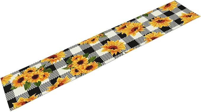 Yellow Sunflower Table Runner, Vintage Farmhouse Black White Sunshine Sunflowers Print for Autumn Farmhouse Home Kitchen Table Decoration,13x70inch