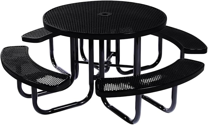 COATEDOUTDOORFURNITURE Heavy-Duty Portable Outdoor Picnic Table with Umbrella Hole, Punched Steel Commercial-Grade Patio Dining Furniture Made in America (46" Round Top, Black)