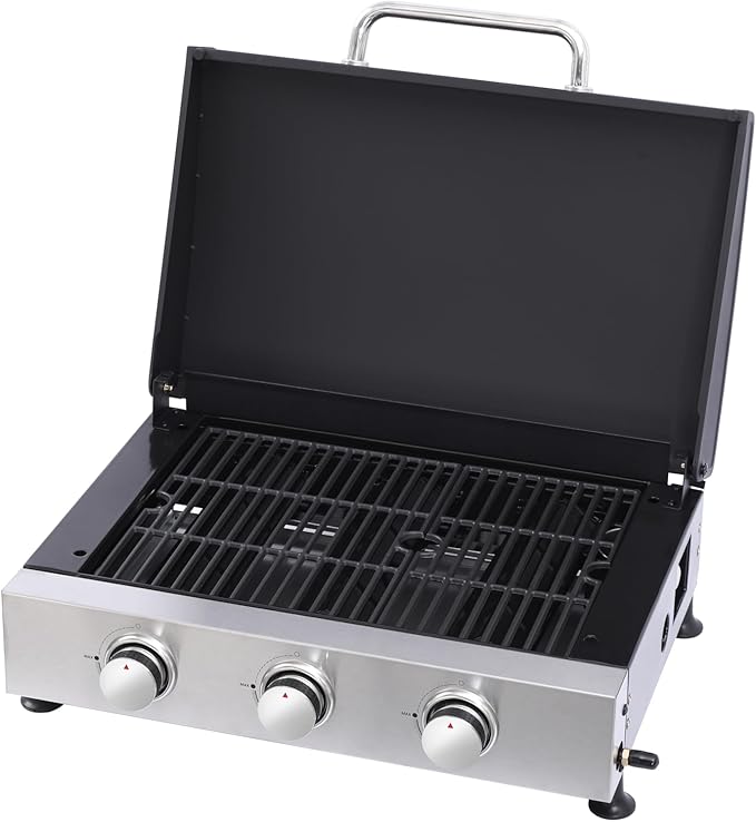 26,550 BTU Propane Gas Grill with Thermometer, 100-800°F Temp Control, Foldable Side Table, 2 Wheels for Mobility, 430 Stainless Steel Fire Box & Warming Rack, Include Hanging Basket & Tool Hooks