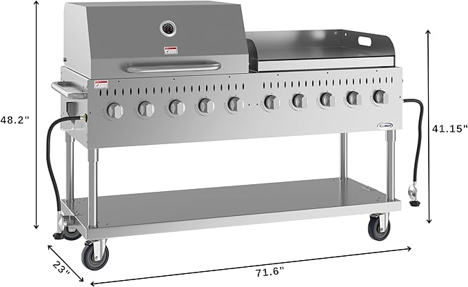 72 in. 10-Burner Commercial Outdoor Propane Gas Grill With 36 in. Roll Dome Cover and 36 in. Griddle in Stainless-Steel, ETL Listed (CGKIT7-D36G36)