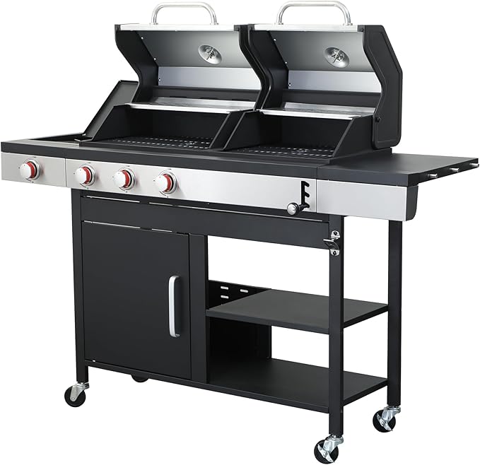 Gas and Charcoal Combo Grill, 37230 BTU 2-in-1 Outdoor BBQ, Dual Zone Cooking with Thermometer, Locking Wheels & Foldable Side Table for Patio and Garden Use(3+1 Burner + Charcoal grill)