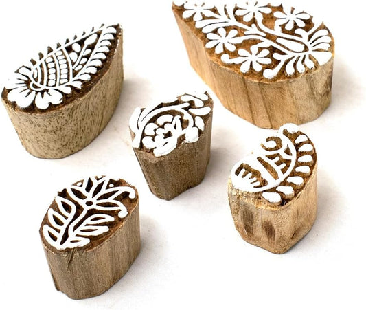 Small Floral Design Pottery Stamps - Indian Wooden Printing Stamps for Block Printing/Craft Card Making/Scrapbook/Clay Set of 5 | Hashcart®