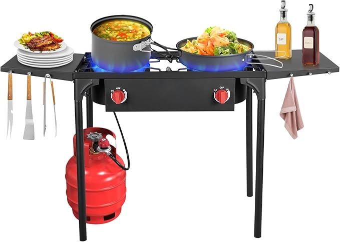 Llamaviva 2 Burner Gas Stove, Propane Outdoor Stove with Side Shelves, Removable Legs & Regulator, 150,000 BTU Propane Burners for Outdoor Cooking, Camping & BBQ Cookouts