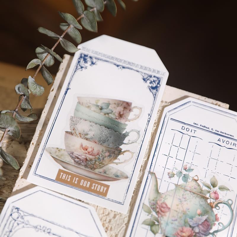 Vintage Vellum Stickers Floral Plants Elements Scrapbooking Supplies Flowers Botanic Natural Translucent Paper Self-Adhesive Junk-Journal Items (Tea Cup)