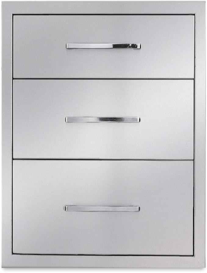 Outdoor Kitchen Drawers Stainless Steel 3-Drawer BBQ Drawer 16" W x 21" H x 23" D Enclosed Built-in Drawer Flush Mount for Outdoor Kitchens & BBQ Islands