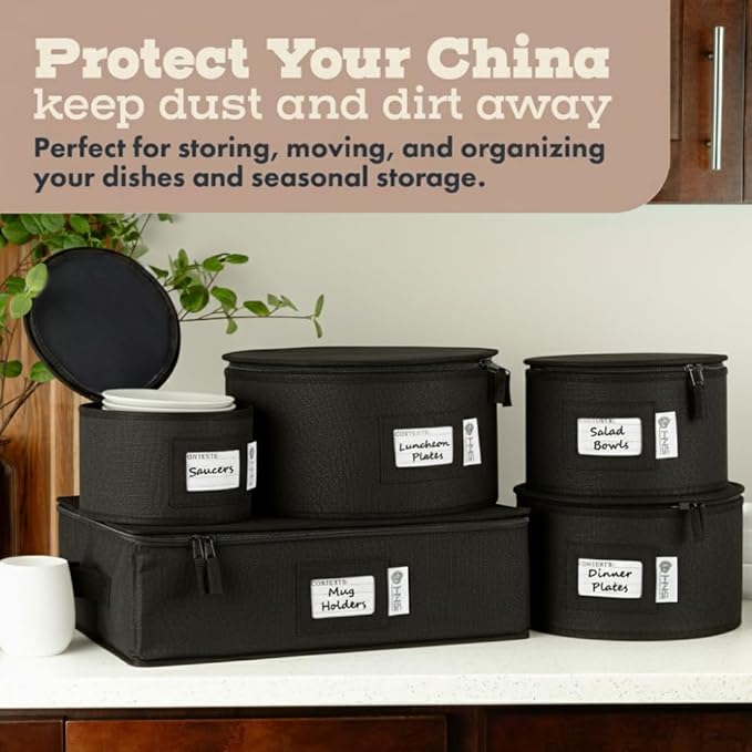 China Storage Hard Shell Containers 5-Piece Set Moving Boxes for Dinnerware, Glasses, Plates, Mugs and Saucers Sturdy Dish Organizer with Dividers for Seasonal Storage - Service for 12 - Black Quilted