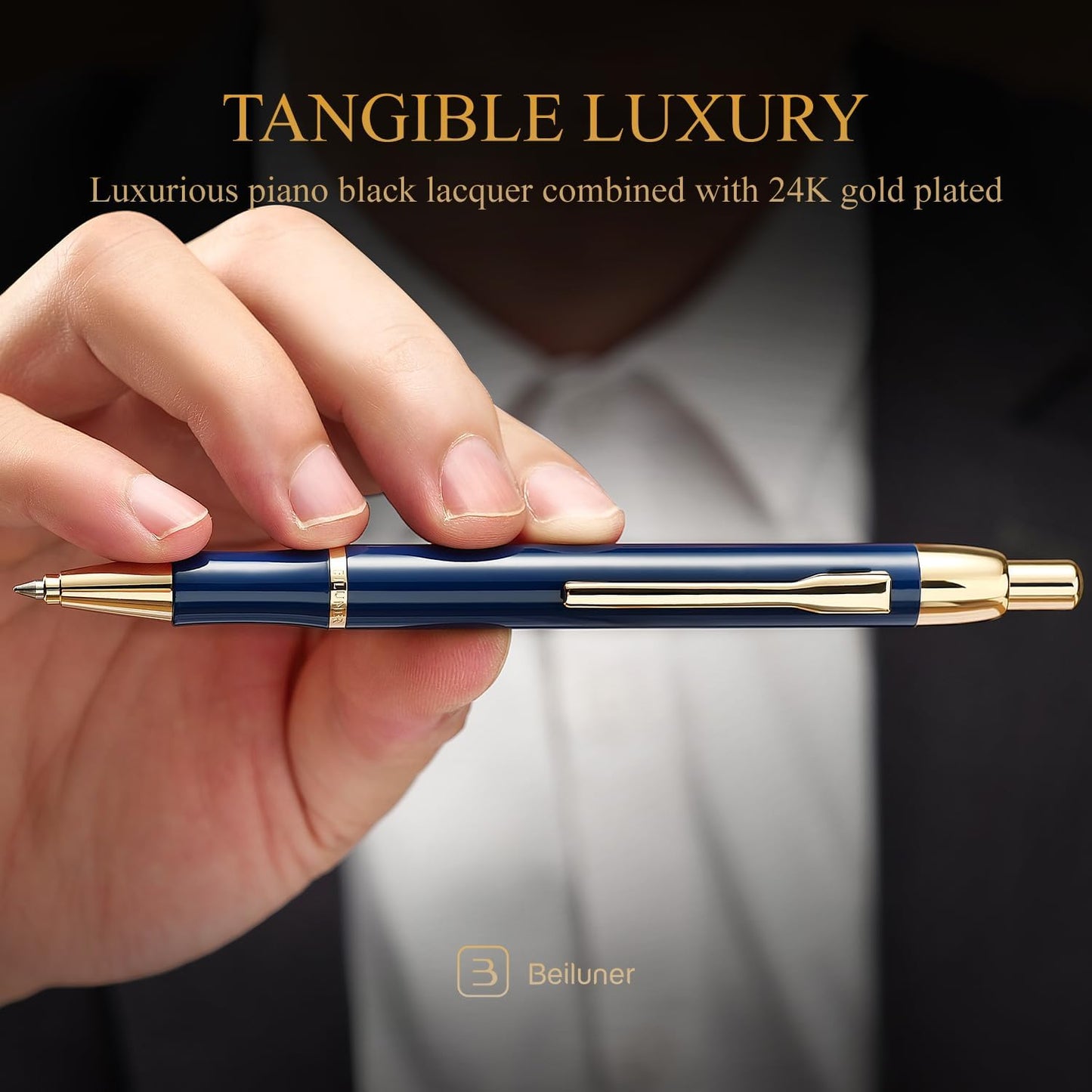 BEILUNER Luxury Gel Pen with 24K Gold Electroplating Finish, Blue Piano Lacquer, Luxury Grade Craftsmanship, Best Gel Pen Gift Set for Men and Women