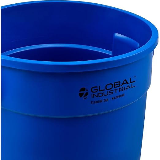 Global Industrial Commercial Round Trash Can, 32 Gallon Capacity, Plastic Garbage Can, Indoor and Outdoor Utility Trash Can, Blue, 21-3/4"W x 27-1/2"H, No Lid