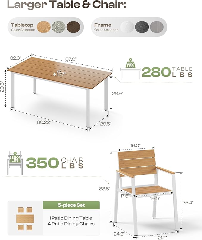 Outdoor Patio Dining Chairs Set of 2, 350LBS Capacity Aluminum Patio Dining Chairs with Armrests, Weather-Resistant for Lawn, Garden, Yard, Poolside and Indoor Use (White & Teak)