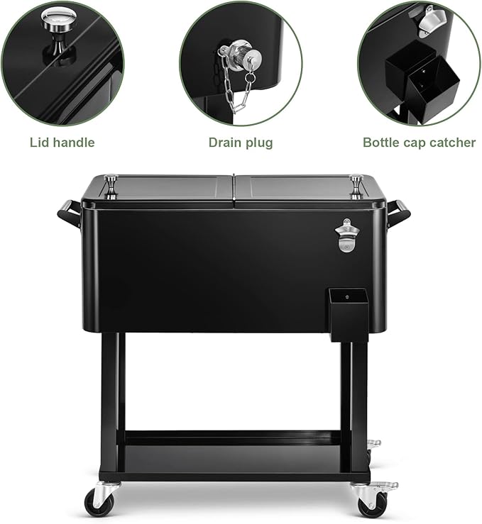 EDOSTORY 80 Quart Rolling Ice Chest Cooler Cart,Patio Backyard Party Drink Beverage Bar Stand Up Cooler Trolley with Ice Scoop