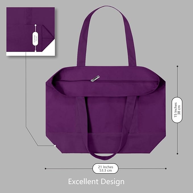 TOPDesign 6-Pack Canvas Tote Bags with an External Pocket, Reusable Grocery Shopping Bags, Top Zipper Closure, Daily Essentials (Purple)